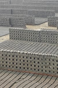 Rows of stacked bricks at a rural factory in Haroa, West Bengal.